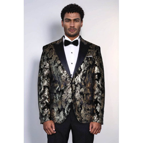 Peak Lapel Slim Fit Gold Patterned Black Men Evening Blazer