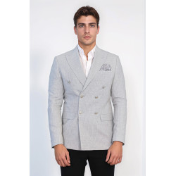 Grey Micro-Check Slim Fit Double-Breasted Blazer with Silver Metal Buttons – Chadrobe
