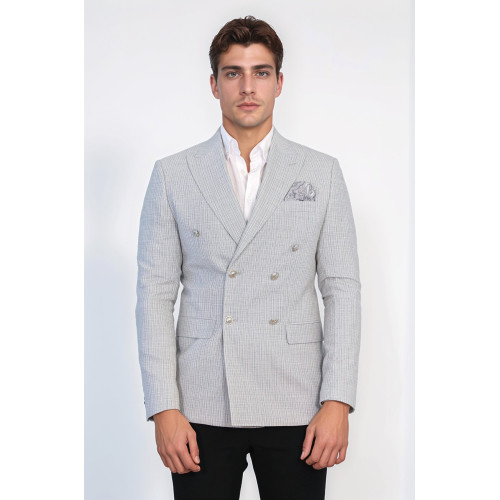 Grey Micro-Check Slim Fit Double-Breasted Blazer with Silver Metal Buttons – Chadrobe