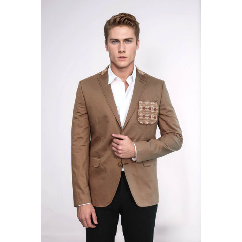 Double Buttons Knit Collar Mono Lapel Tan Jacket-Chadrobe