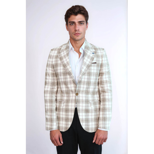 Single Button Wide Pointed Collar Beige Blazer - Chadrobe