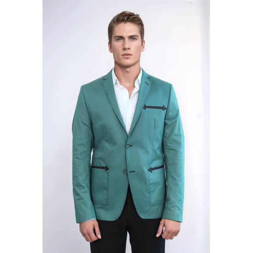 Double Button Mono Lapel Bag Pocket Cotton Green Jacket-Chadrobe
