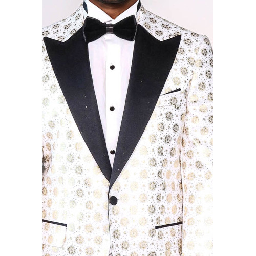 Floral Patterned Peak Lapel White Men Wedding Tuxedo Blazer - Chadrobe