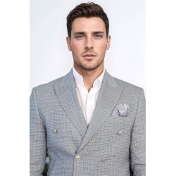 Dark Grey Micro-Check Slim Fit Double-Breasted Blazer with Silver Metal Buttons – Chadrobe