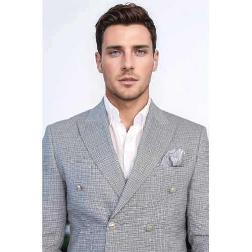 Dark Grey Micro-Check Slim Fit Double-Breasted Blazer with Silver Metal Buttons – Chadrobe