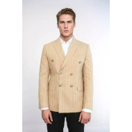 Double Breasted Slim Fit Striped Cream Men Blazer - Chadrobe
