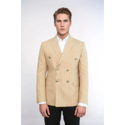 Double Breasted Slim Fit Striped Cream Men Blazer - Chadrobe