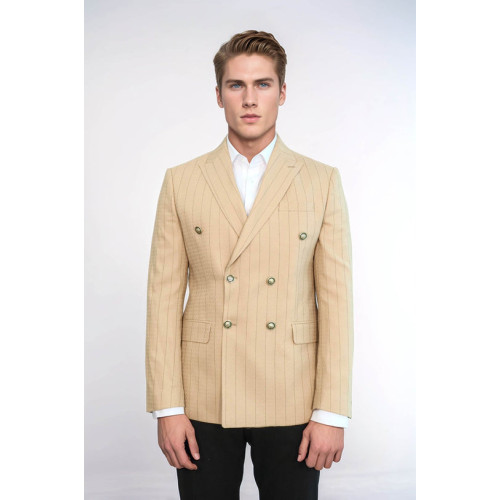 Double Breasted Slim Fit Striped Cream Men Blazer - Chadrobe