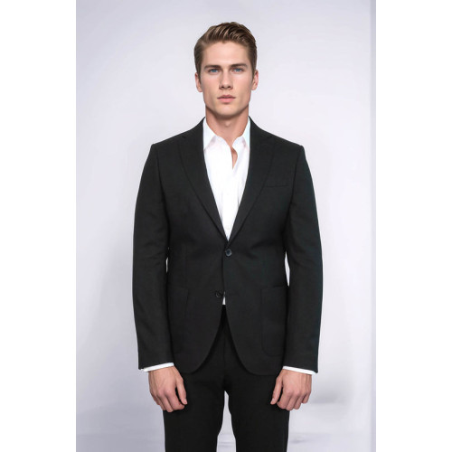 Textured Slim Fit Notch Lapel Black Men Blazer - Chadrobe