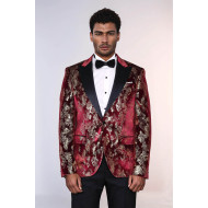 Peak Lapel Slim Fit Gold Patterned Burgundy Men Party Blazer - Chadrobe