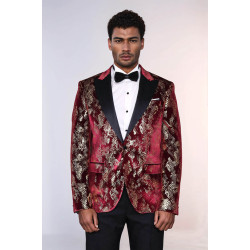 Peak Lapel Slim Fit Gold Patterned Burgundy Men Party Blazer - Chadrobe