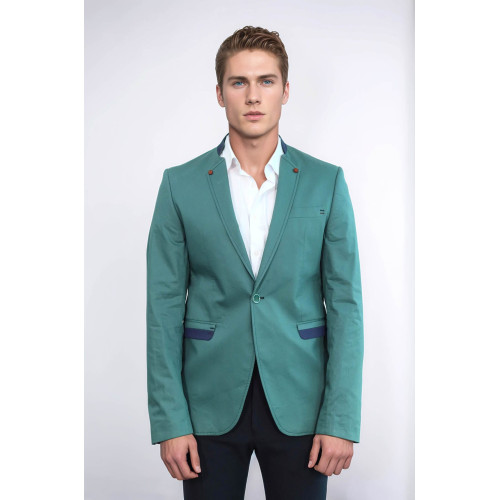 Single Button Standing Collar Green Men Blazer - Chadrobe