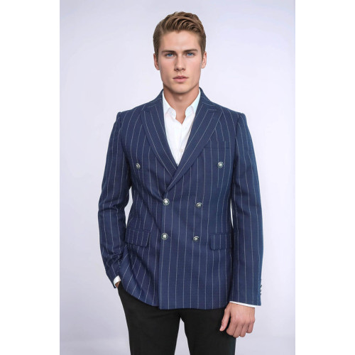 Double Breasted Slim Fit Striped Navy Blue Men Blazer - Chadrobe