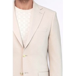 Beige Textured Gold Metal Button Slim Fit Men's Blazer Jacket - Chadrobe