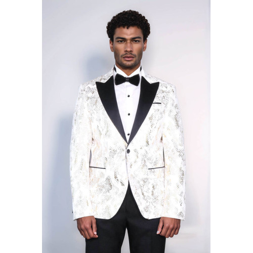 Peak Lapel Slim Fit Gold Patterned White Men Dinner Jacket - Chadrobe