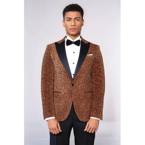 Leopard Pattern Slim Fit Peak Lapel Yellow Men Tuxedo Party Blazer