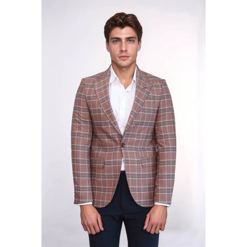Checked Single Button Burgundy Men Blazer - Chadrobe