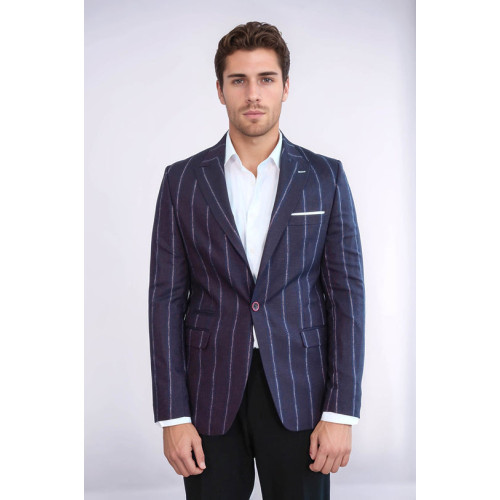 Striped Slim-Fit Burgundy Men Blazer - Chadrobe