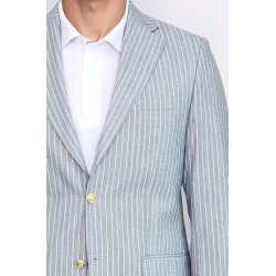 Light Blue Striped Linen Gold Metal Button Slim Fit Men's Blazer Jacket - Chadrobe
