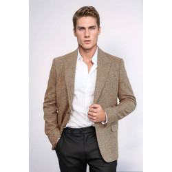 Houndstooth Pattern Wool Light Brown Men Blazer - Chadrobe