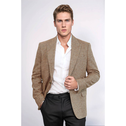Houndstooth Pattern Wool Light Brown Men Blazer - Chadrobe