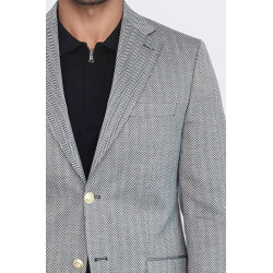 Black Herringbone Pattern Gold Metal Button Slim Fit Men's Blazer Jacket - Chadrobe
