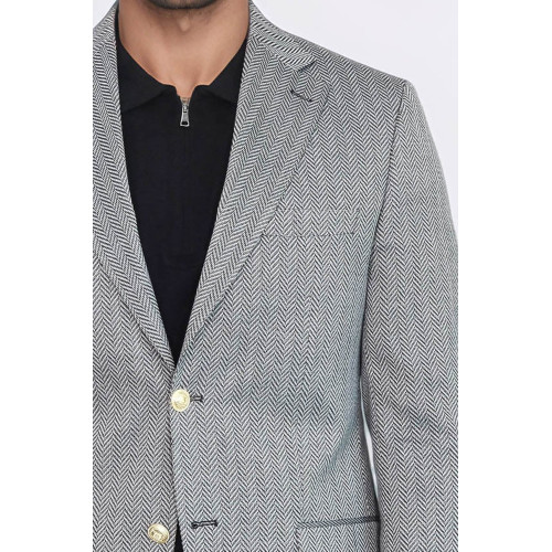 Black Herringbone Pattern Gold Metal Button Slim Fit Men's Blazer Jacket - Chadrobe