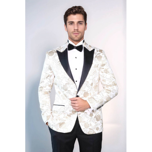 Feather Patterned Slim Fit White Men Tuxedo Blazer - Chadrobe