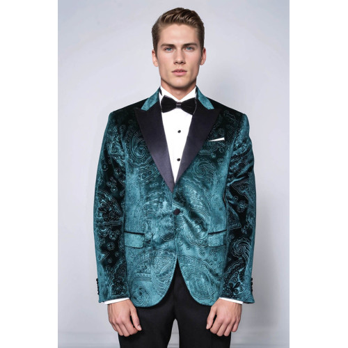 Floral Patterned Velvet Green Men Evening Jacket - Chadrobe