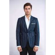 Striped Dark Blue Slim-Fit Blazer - Chadrobe