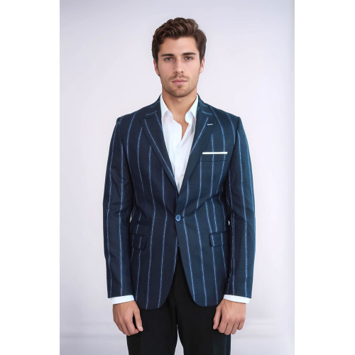 Striped Dark Blue Slim-Fit Blazer - Chadrobe