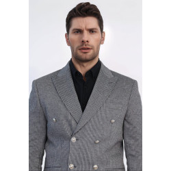 Anthracite Pinstriped Slim Fit Double-Breasted Blazer with Silver Metal Buttons – Chadrobe
