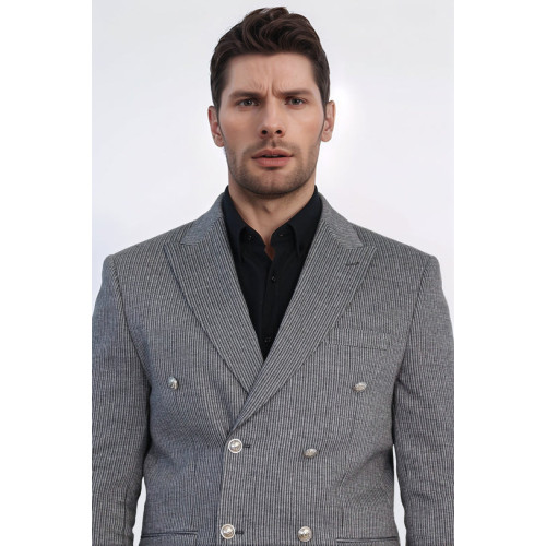 Anthracite Pinstriped Slim Fit Double-Breasted Blazer with Silver Metal Buttons – Chadrobe