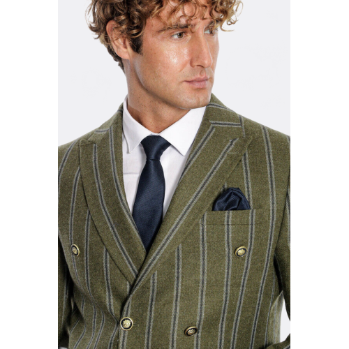 Wide Lapel Striped Double Breasted Green Men Blazer - Chadrobe
