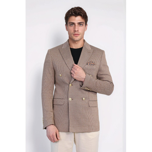 Sand Beige Pinstriped Slim Fit Double-Breasted Blazer with Gold Metal Buttons – Chadrobe