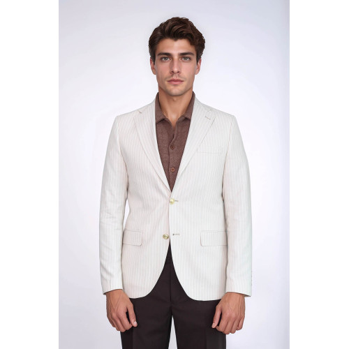 Cream Striped Linen Gold Metal Button Slim Fit Men's Blazer Jacket - Chadrobe