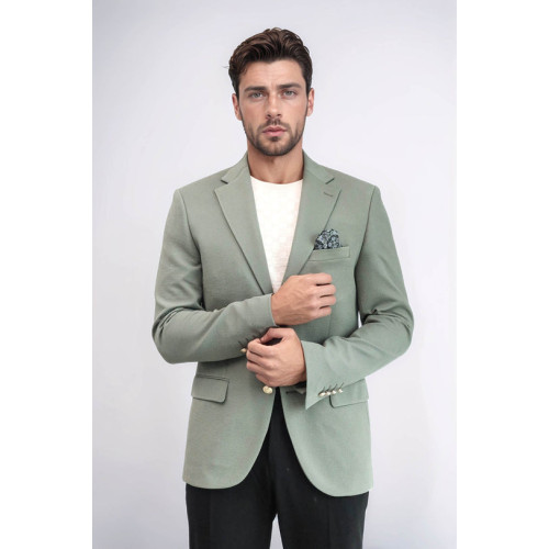 Sage Green Textured Gold Metal Button Slim Fit Men's Blazer Jacket - Chadrobe