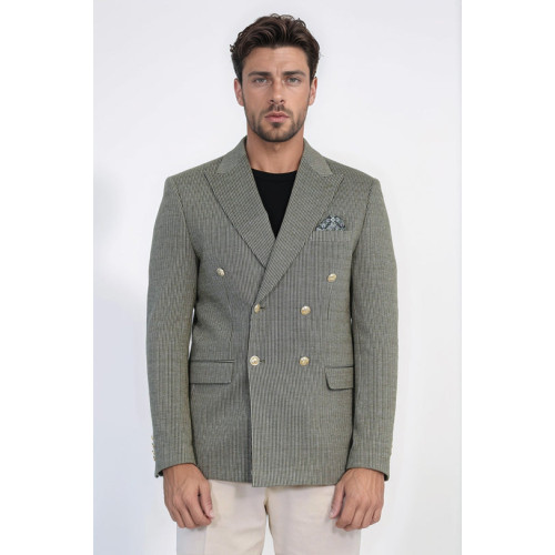 Olive Green Pinstriped Slim Fit Double-Breasted Blazer with Gold Metal Buttons – Chadrobe