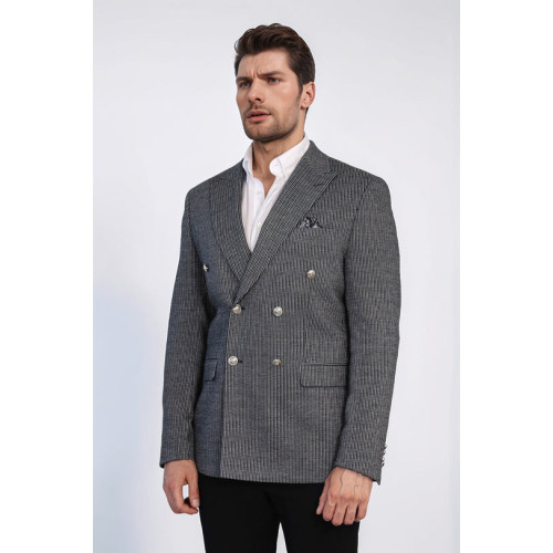 Black Pinstriped Slim Fit Double-Breasted Blazer with Silver Metal Buttons – Chadrobe