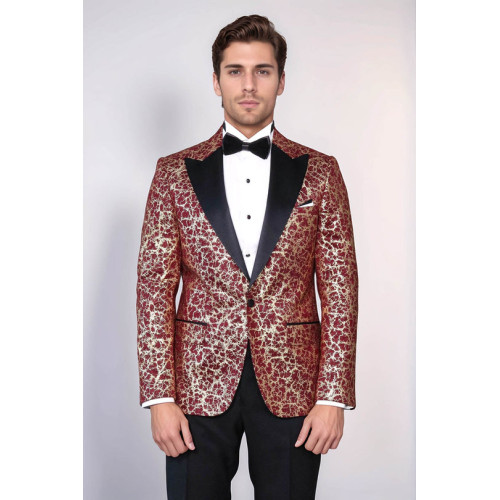Root Pattern Peak Lapel Burgundy Men Party Blazer - Chadrobe