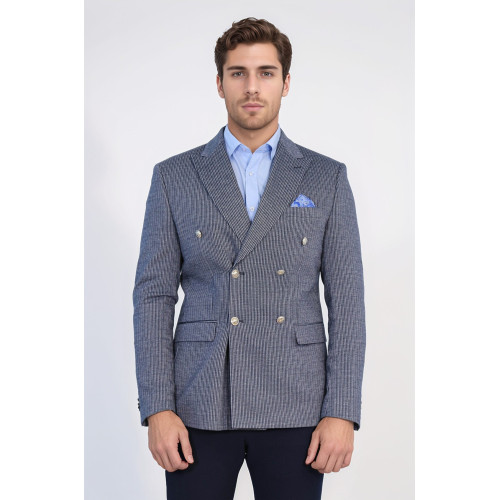 Navy Pinstriped Slim Fit Double-Breasted Blazer with Silver Metal Buttons – Chadrobe
