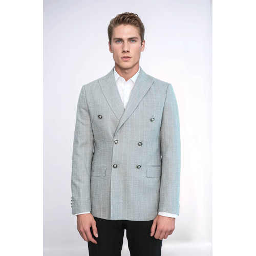 Double Breasted Slim Fit Striped Grey Men Blazer - Chadrobe