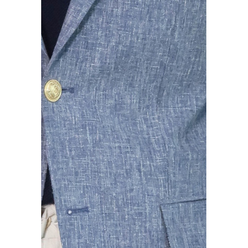 Dark Blue Textured Linen-Feel Gold Metal Button Slim Fit Men's Blazer Jacket - Chadrobe