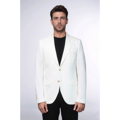 Ecru Textured Gold Metal Button Slim Fit Men's Blazer Jacket - Chadrobe