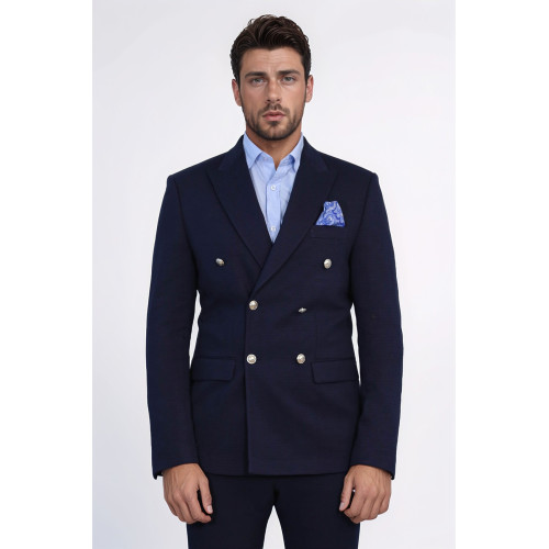 Navy Blue Solid Slim Fit Double-Breasted Blazer with Silver Metal Buttons – Chadrobe