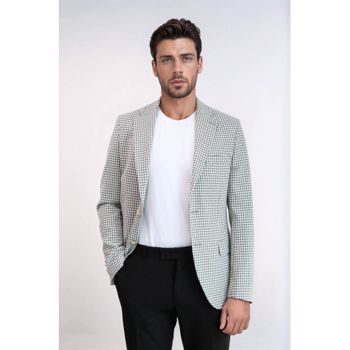 Light Grey Houndstooth Pattern Gold Metal Button Slim Fit Men's Blazer Jacket - Chadrobe
