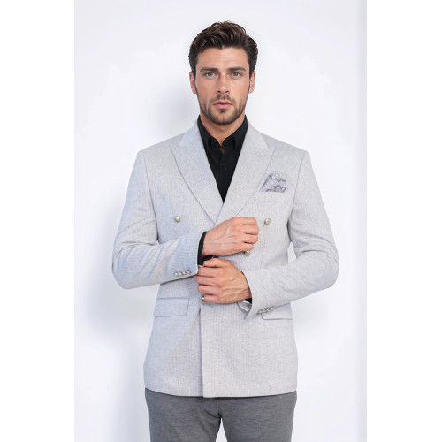 Grey Pinstriped Slim Fit Double-Breasted Blazer with Silver Metal Buttons – Chadrobe