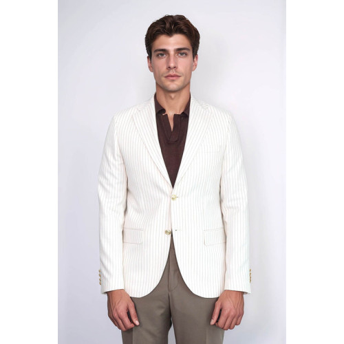 Ecru Striped Linen Gold Metal Button Slim Fit Men's Blazer Jacket - Chadrobe