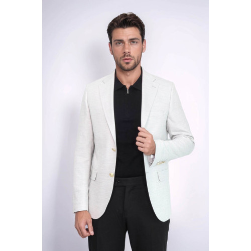Light Grey Herringbone Pattern Gold Metal Button Slim Fit Men's Blazer Jacket - Chadrobe