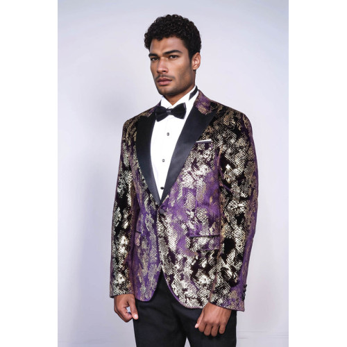 Peak Lapel Slim Fit Gold Patterned Purple Men Singer Tuxedo Blazer